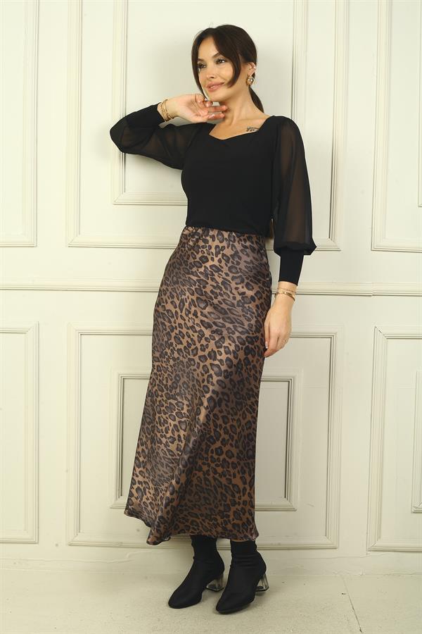 Jupe longue en satin imprimé léopard à taille élastique pour femme