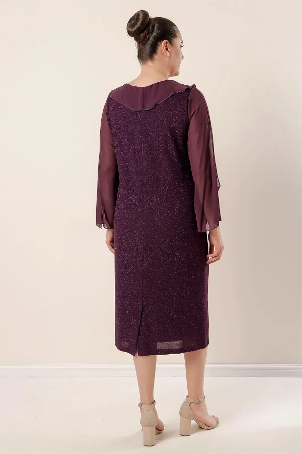 Yaka Ve Kollar Şifon Astarlı Likralı Simli Büyük Beden Elbise