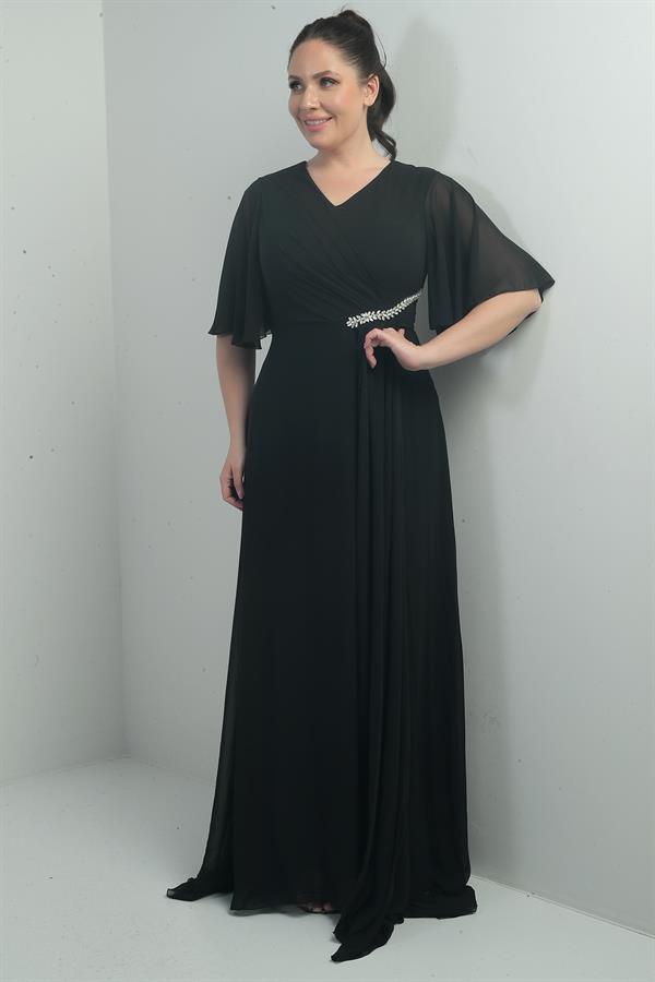 Kadın V Yaka Beli Taşlı Drapeli Astarlı Büyük Beden Uzun Şifon Elbise