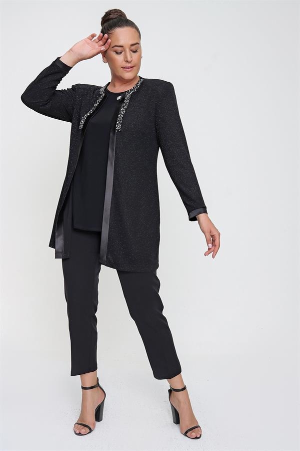 Yakası Taşlı Simli Ceket Bluz Büyük Beden Takım