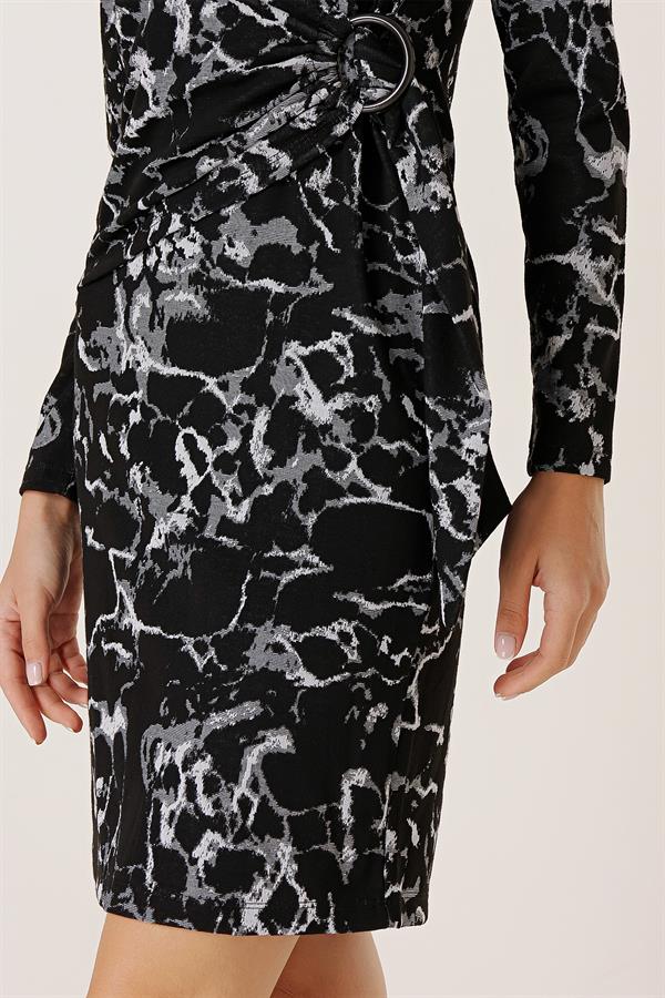 Wrap Neck Buckle Detail Patterned Lycra Dress
