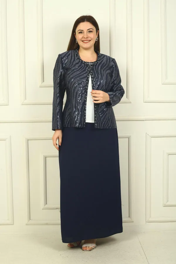 Ensemble 3 pièces grande taille pour femme : veste à sequins, chemisier à manches courtes, jupe longue doublée en crêpe