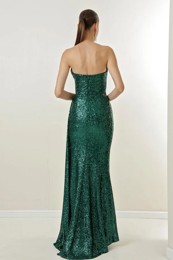 Robe longue à sequins, drapée sur le devant, sans bretelles et doublée