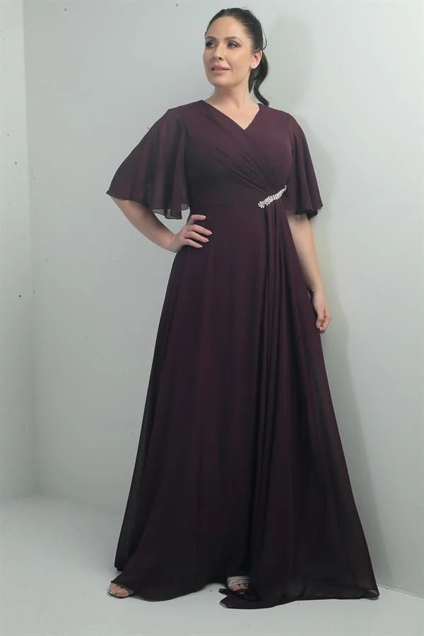 Robe longue en mousseline pour femme, grande taille, col en V, ceinture ornée de pierres, drapée et doublée