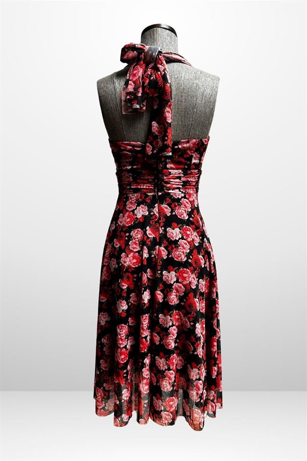 Women's Halter Neck Lined Dress with Small Floral Pattern