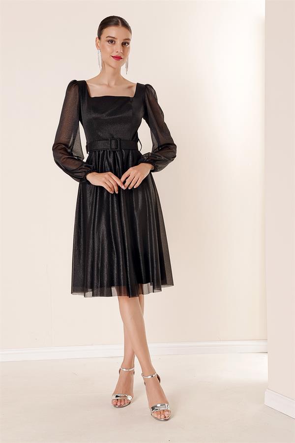 Kare Yaka Kemerli Balon Kol Astarlı Simli Elbise