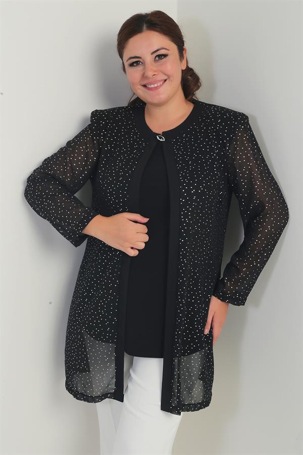 Ensemble deux pièces grande taille : chemisier à manches longues en lycra pour femme et veste en mousseline à pois dorés.