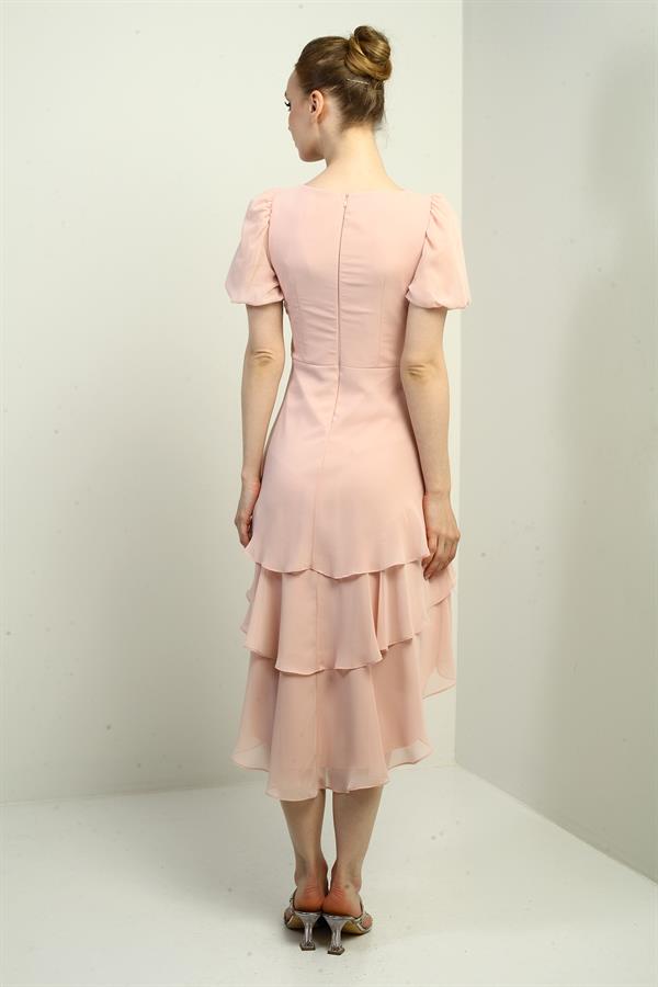 Kadın Kruvaze Yaka Arkası Fermuarlı Katkat Pileli Şifon Elbise