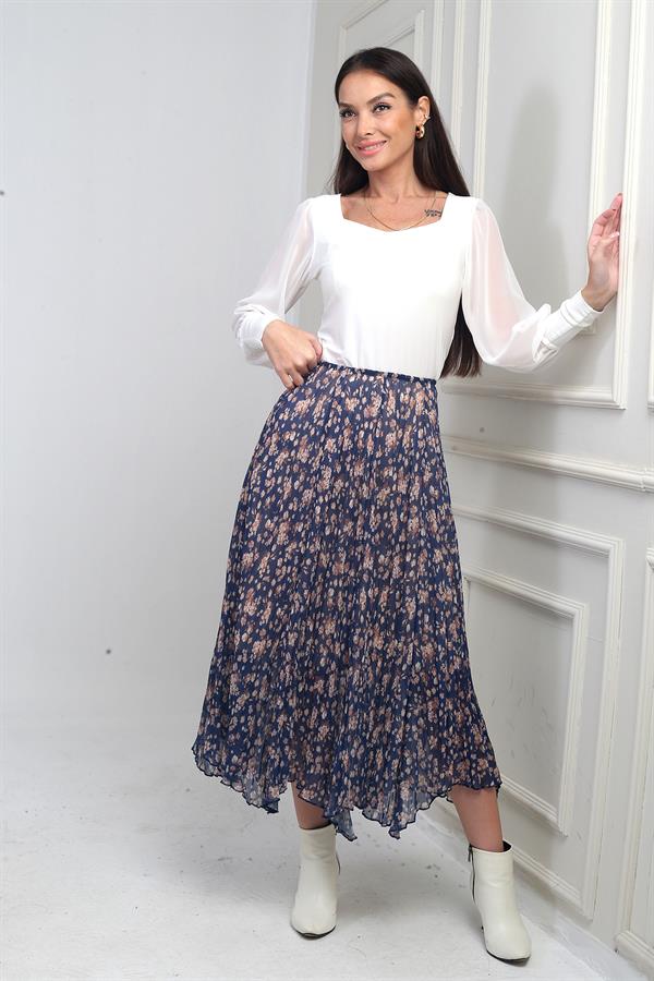 Jupe triangle mi-longue à fleurs doublée et taille élastique pour femme