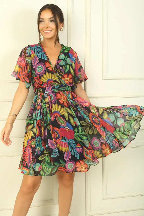 Fresh Pattern Chiffon Short Dress with Double Breasted Collar, Flounce Sleeves, Lined Waist Belt