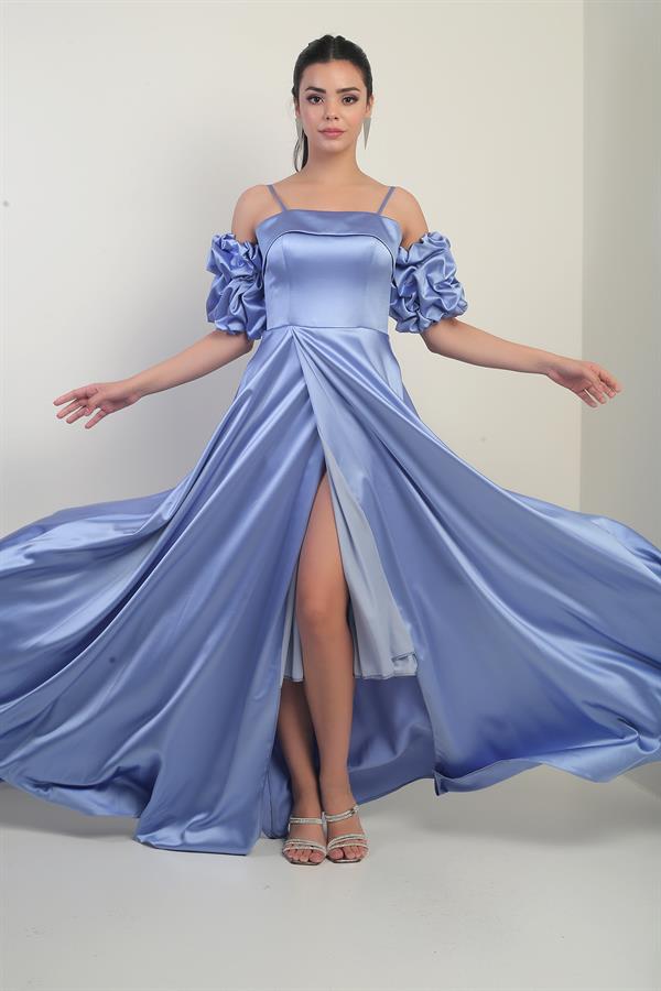 Women's Thin-Strapped, Lined, Set-in Sleeve, Pocketed Long Satin Dress