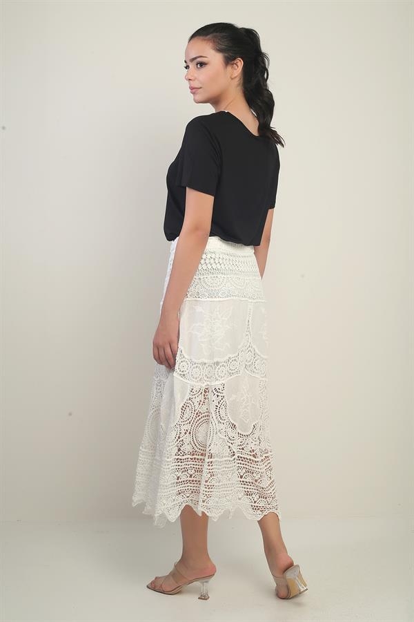 Kadın Beli Lastikli Astarlı Dantel Fisto Midi Etek