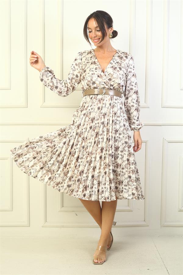 Women's Wrap Neckline Belted Lined Pleated Floral Satin Dress