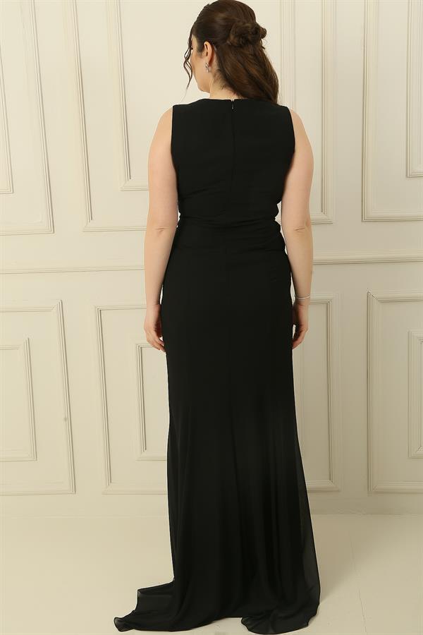 Kruvaze Yaka Önü Büzgülü Astarlı 2 Renk Büyük Beden Şifon Uzun Elbise