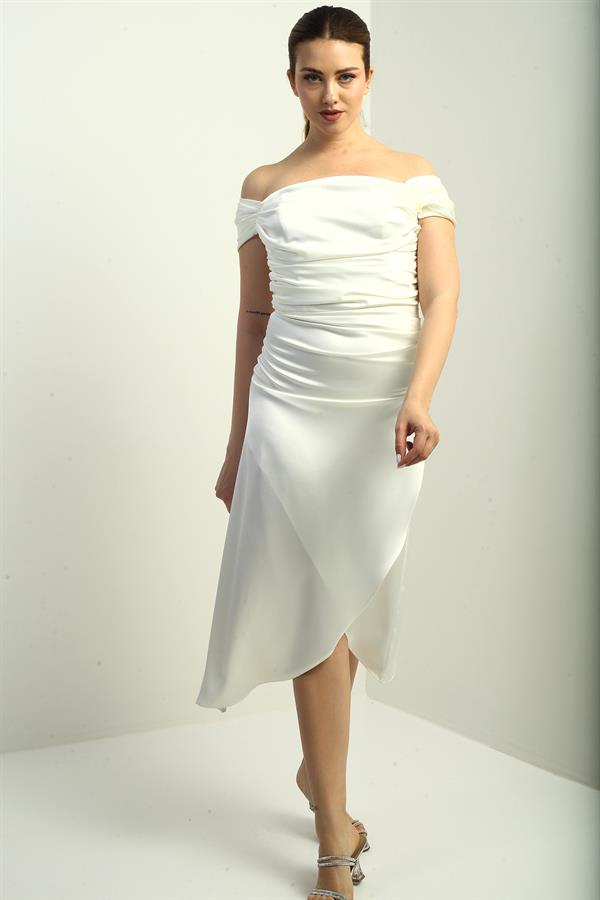 Women's Madonna Neckline Draped Asymmetrical Satin Short Dress