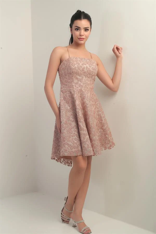 Robe courte évasée à bretelles doublée pour femme avec imprimé floqué pailleté