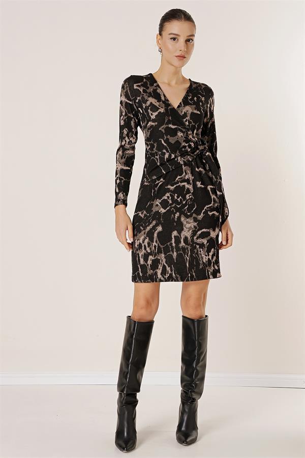 Wrap Neck Buckle Detail Patterned Lycra Dress