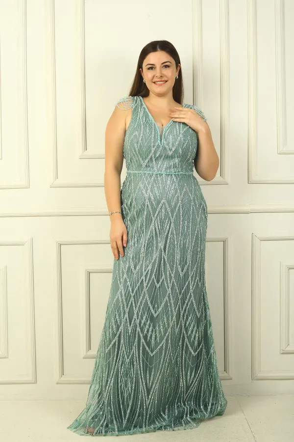 Women's Plus Size Long Dress with Tasseled Shoulders, Lined, and Embellished with Beads and Stones