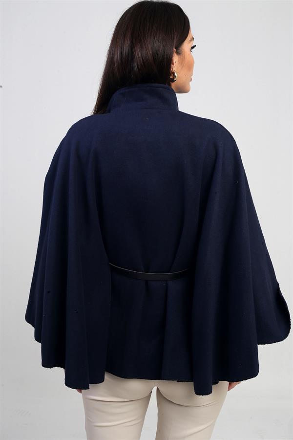 Kadın Düğmeli Beli Kemerli Kaşe Panço