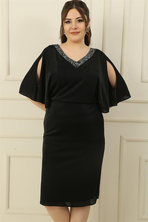 Front and Back Embellished V-Neck Lined Low-Cut Batwing Sleeve Glittery Plus Size Dress