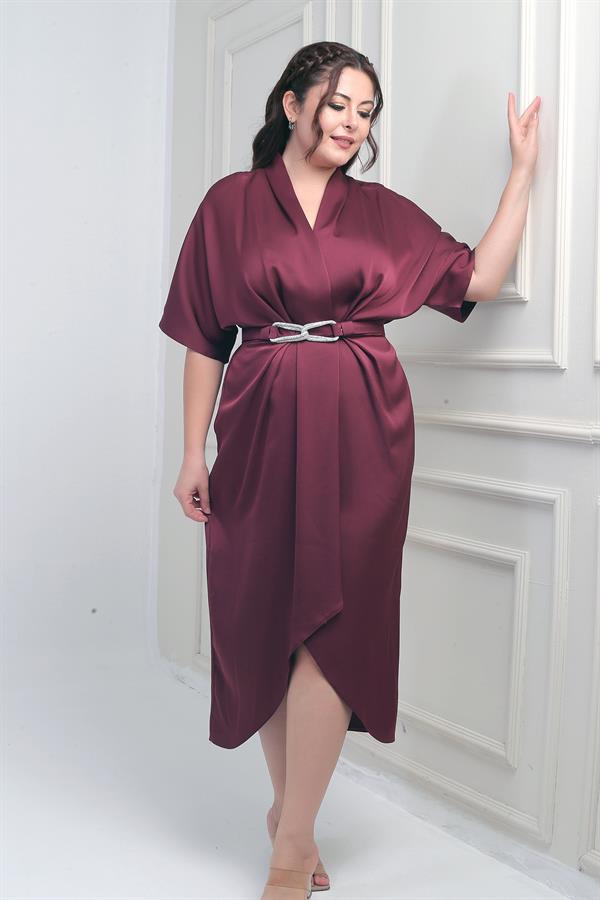 Women's Wrap Neck Short Batwing Sleeve Double Pleated Crepe Satin Plus Size Midi Designer Dress