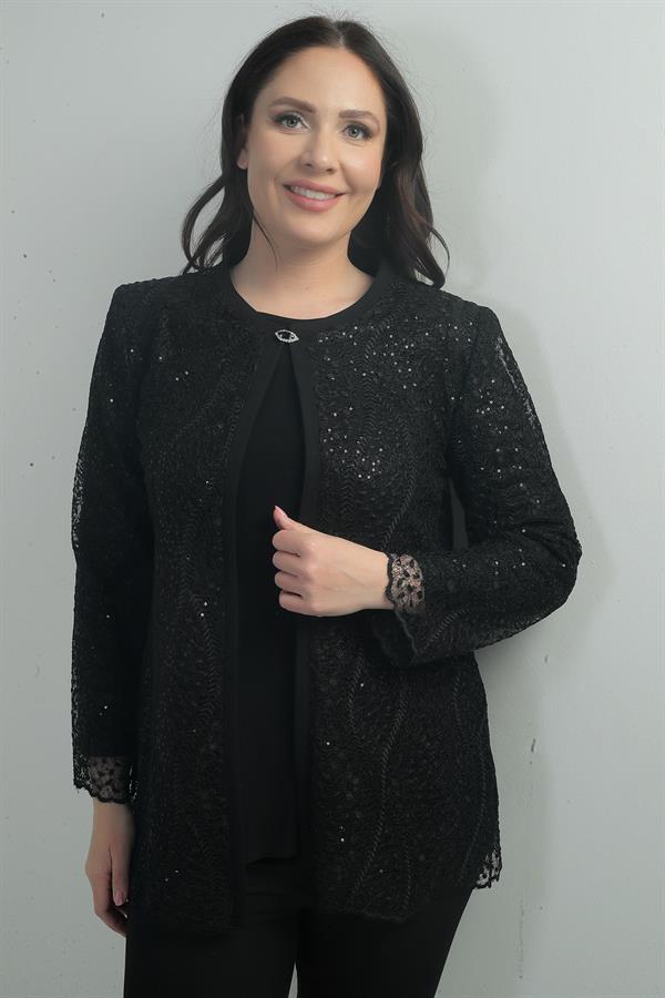 Women's Long-Sleeve Blouse and Sequin Embellished Lace Jacket, Plus Size, Two-Piece Set