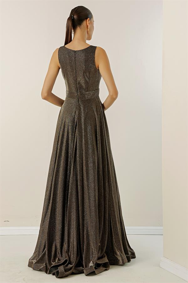 V-Neck Echo Tulle Glittery Lined Evening Dress