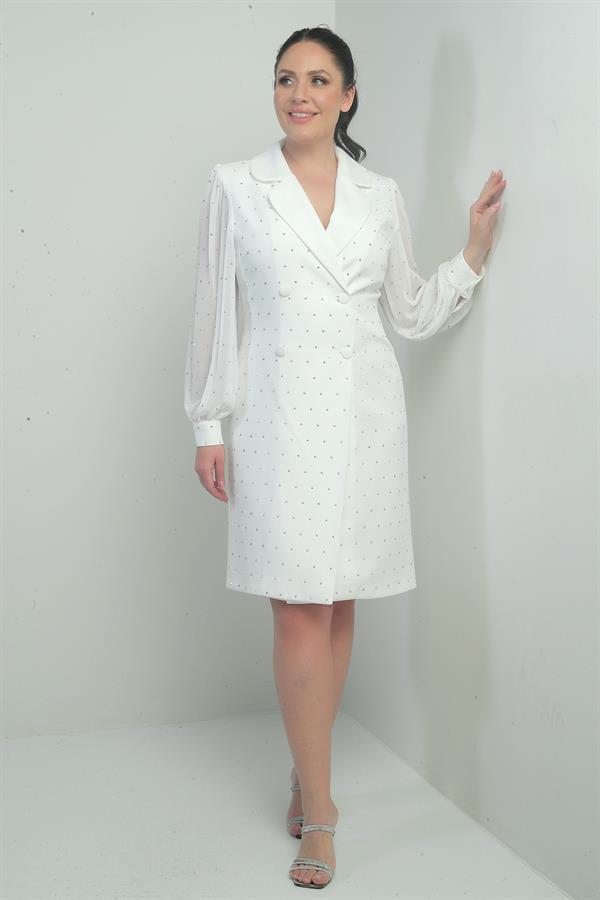 Women's Wrap Neckline Button-Front Chiffon Sleeved Beaded Plus Size Short Dress