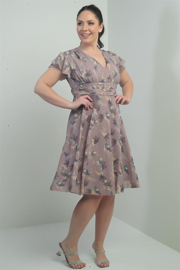 Wrap-neck, ruffled sleeve, lined plus-size printed linen dress.