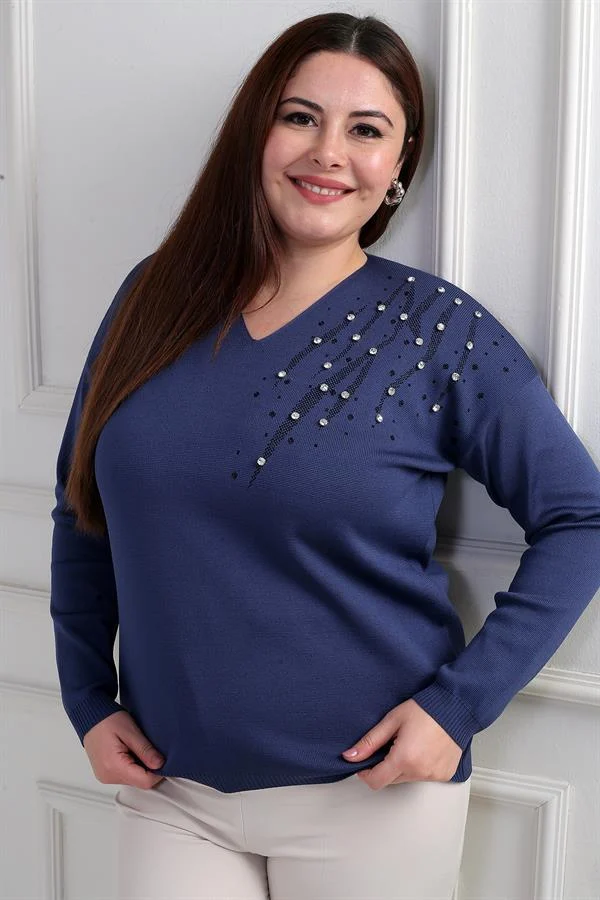Kadın V Yaka Büyük Beden Taşlı Triko Bluz
