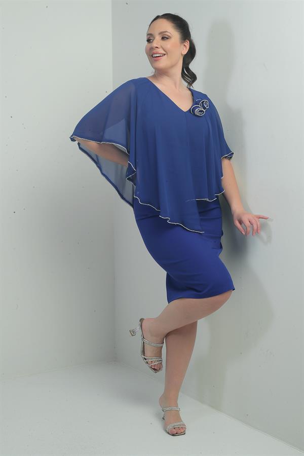 Women's Front and Back V-Neck Chiffon Plus Size Crepe Short Dress with Stone Details and Rose Embellishments