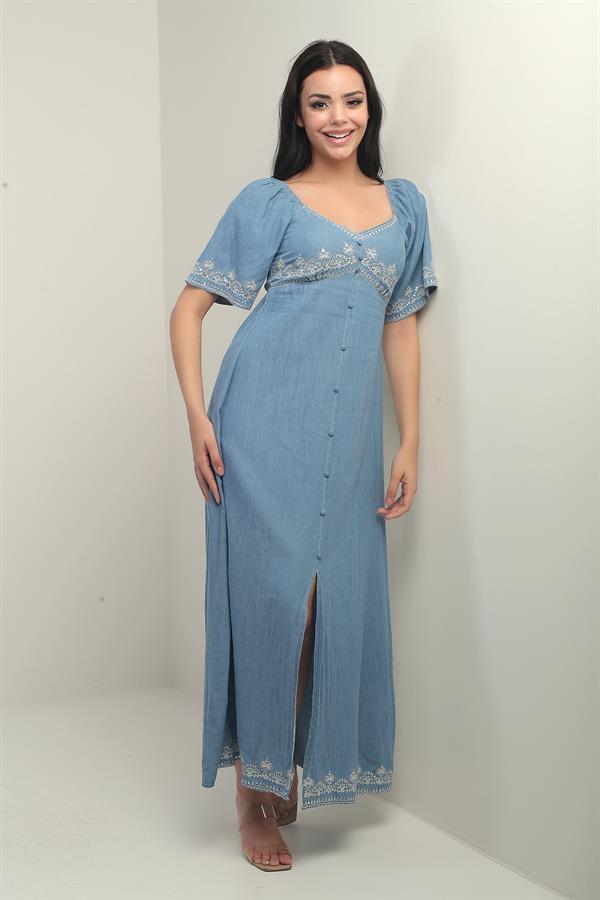 Women's Pentagon Neckline Button Detail Back Embroidered Long Denim Dress