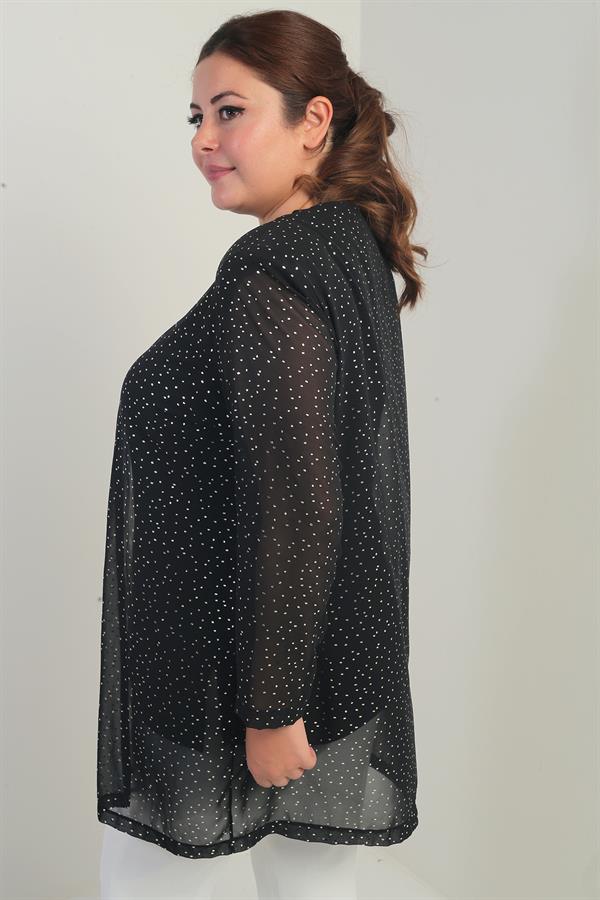 Ensemble deux pièces grande taille : chemisier à manches longues en lycra pour femme et veste en mousseline à pois dorés.