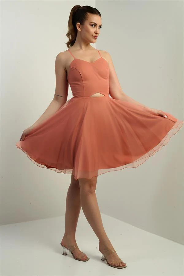 Women's Strappy Back Lace-up Front Openwork Lined Dahlia Organza Flared Short Dress