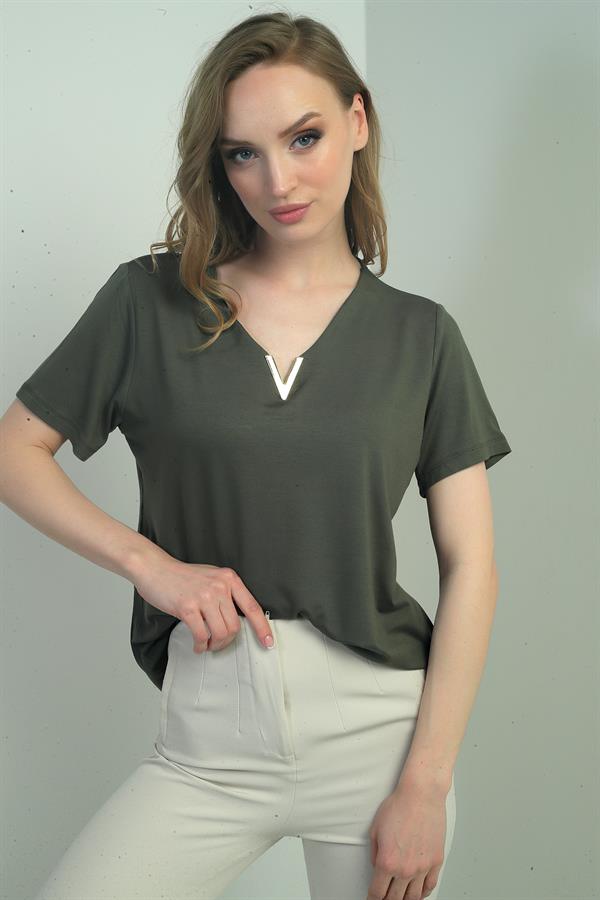 V-Neck Short-Sleeve Blouse with V-Embellished Accessories