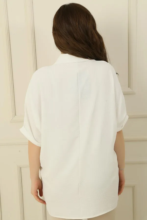 Double Breasted Polo Collar Short Sleeve Ayrobin Plus Size Blouse