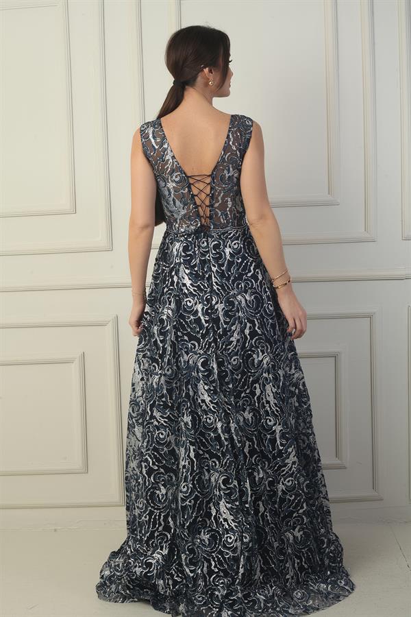 Robe de soirée longue pour femme, décolleté en V devant et dos, pli poitrine, laçage au dos, doublée, imprimé floqué pailleté