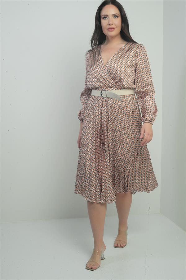 Kadın Kruvaze Yaka Beli Kemerli Astarlı Desenli Pileli Midi Saten B.B Elbise