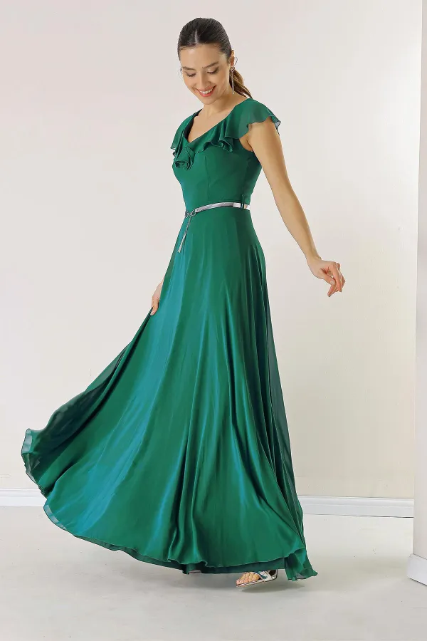 Flounced Collar, Belted Waist, Lined Long Chiffon Dress