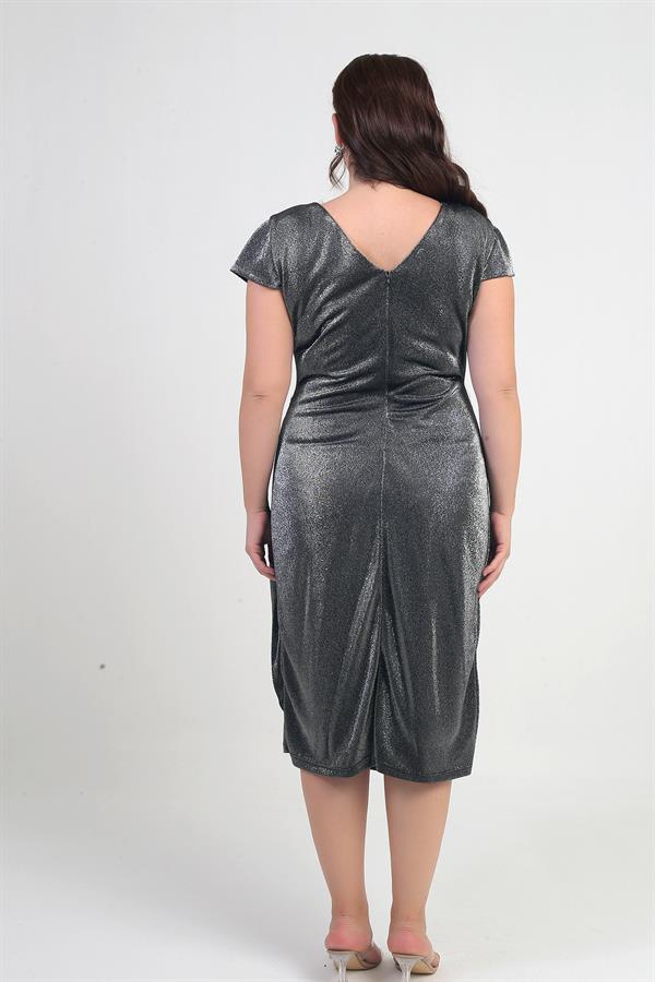 Women's Front Back V Neck Waist Stone Detail Lined Glittery Sandy Fabric Plus Size Midi Dress
