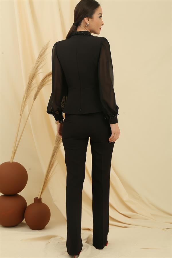 Double-breasted, lined jacket with chiffon sleeves and bead detail, elasticated waist trousers - 2-piece set.