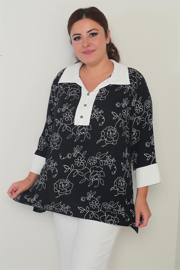 Kadın Patlı Yaka Çiçek İşlemeli B.B Bluz