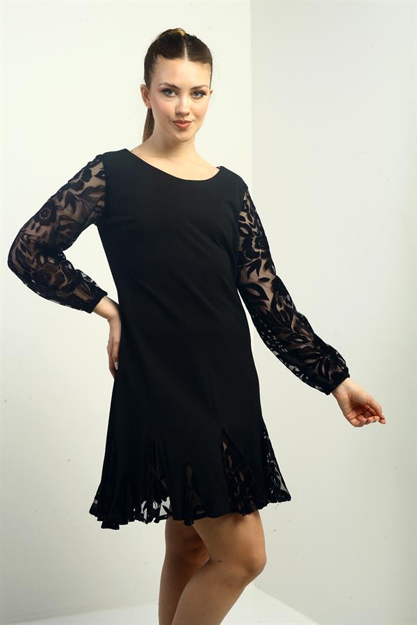 Women's Short Dress with Flocked Print on Sleeves and Hem, and Ruffled Detail.