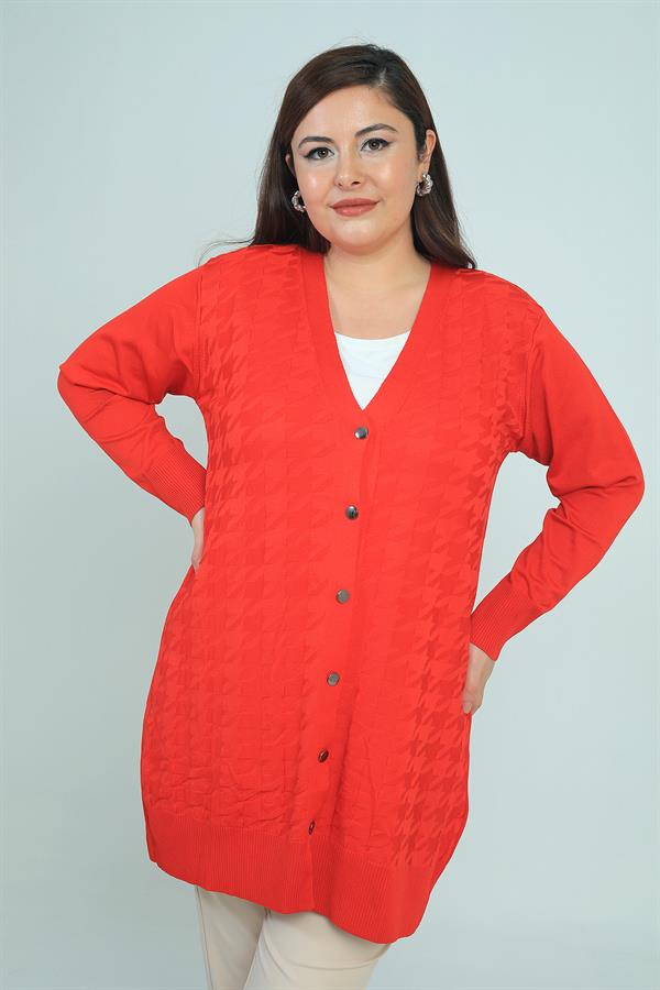 Kadın Büyük Kazayağı Desen Soğuk İplik Büyük Beden Uzun Hırka