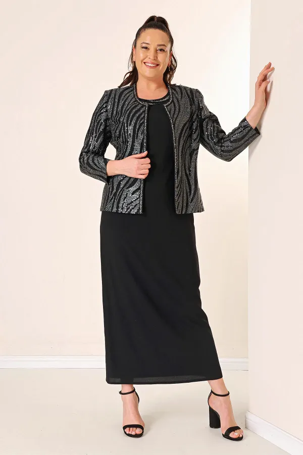 Sequin Jacket Half Moon Sleeve Lined Crepe Dress Plus Size 2-Piece Suit