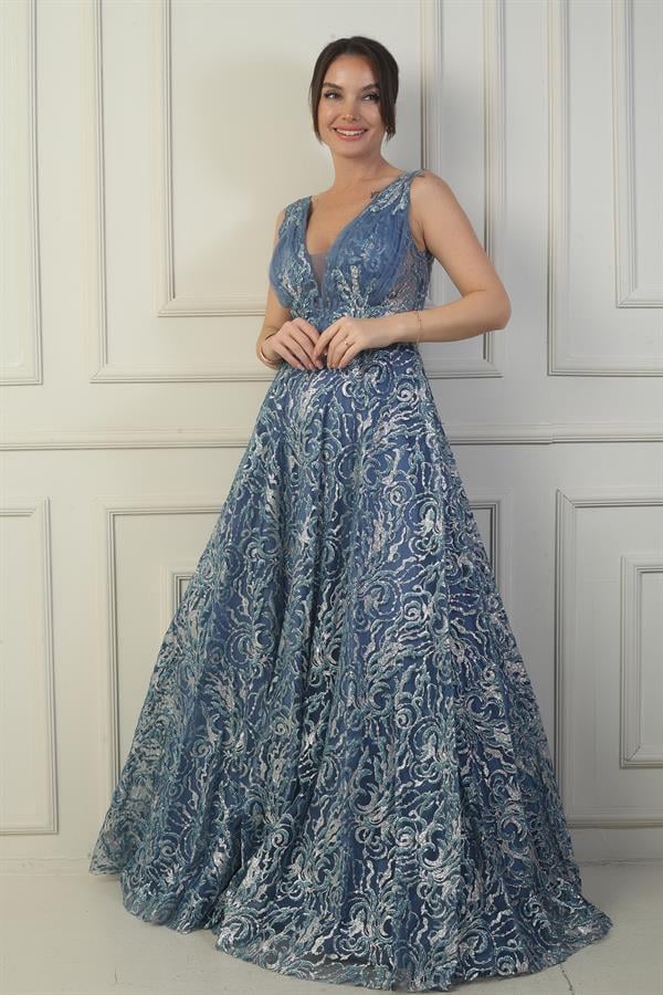 Kadın Ön Arka V Yaka Göğüs Pliseli Arkadan Bağcıklı Astarlı Sim Flok Baskı Uzun Abiye Elbise