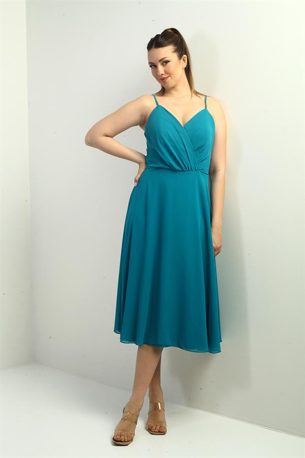 Women's Strappy Wrap Neckline Lined Lace-Up Back Flared Chiffon Dress