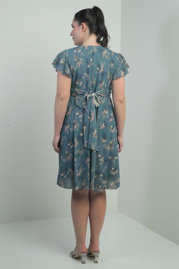 Robe en lin imprimé grande taille, doublée, col croisé, manches volantées