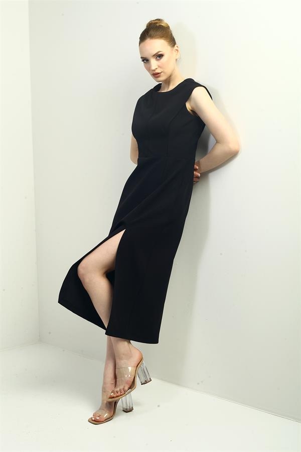 Kadın Kendinden Telalı Önü Yırtmaçlı Midi Elbise