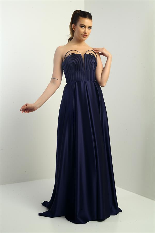 Kadın Straplez Astarlı Önü Balen Biyeli Cepli Kloş Uzun Saten Abiye Elbise